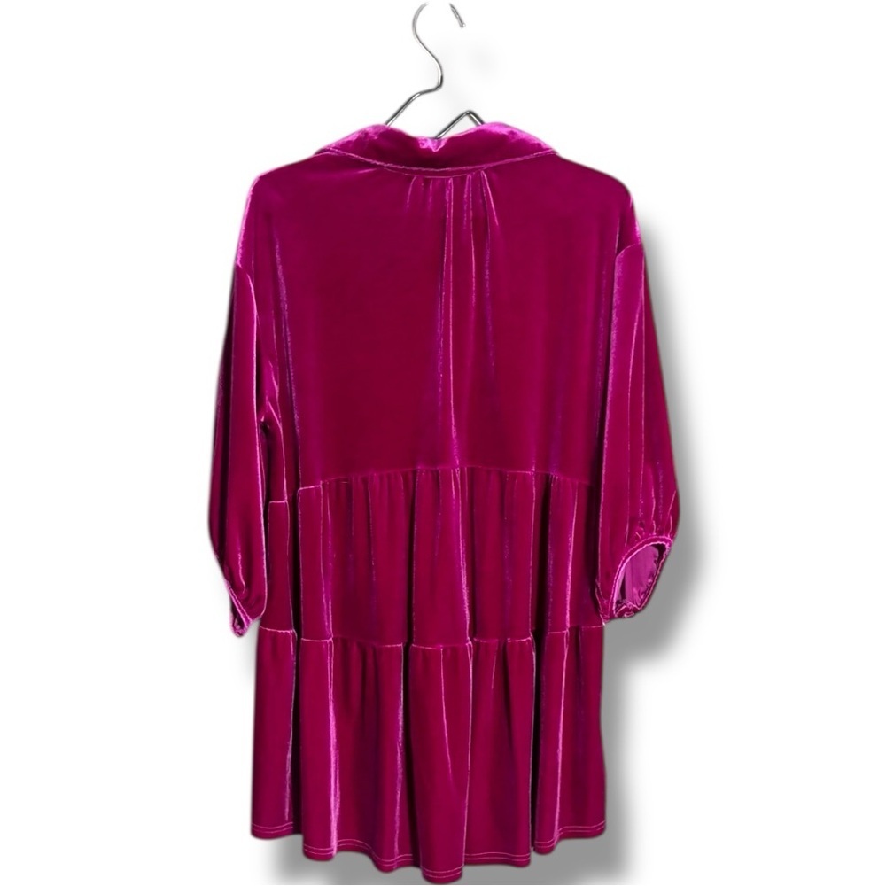 Chic Fuchsia Button-Front Velvet 3/4 Balloon Sleeves Tiered Collared Tunic Top - Picture 15 of 16